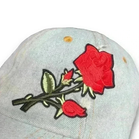 Denim Distressed Womens Washed Denim David & Young Baseball Cap Rose Embroidered - Picture 2 of 11